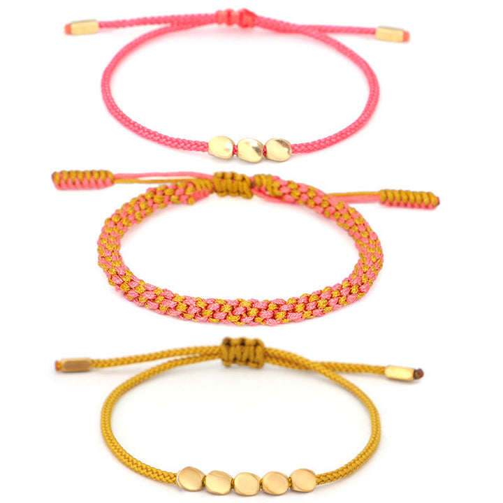 Buddha Stones Pulsera de la riqueza de 3 piezas con cuentas de cobre dorado y rosa y hilo amarillo. - image 10