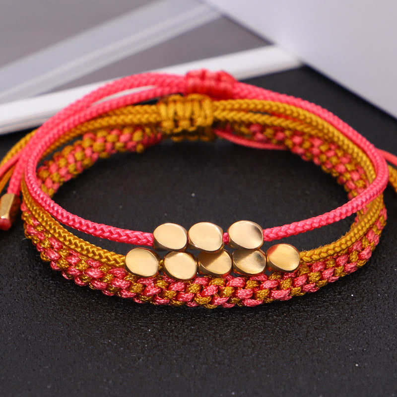 Buddha Stones Pulsera de la riqueza de 3 piezas con cuentas de cobre dorado y rosa y hilo amarillo. - image 3