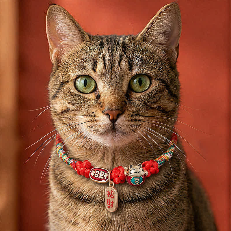 Buddha Stones Collar ajustable para mascotas para gatos, trenzado con hilo rojo, símbolo de buena fortuna y protección del carácter Fu. - Rojo - 18-25 cm - image 0