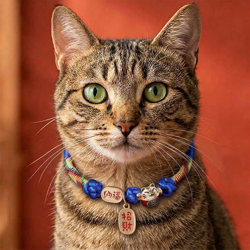 Buddha Stones Collar ajustable para mascotas para gatos, trenzado con hilo rojo, símbolo de buena fortuna y protección del carácter Fu. - Azul - 18-25 cm - image 8