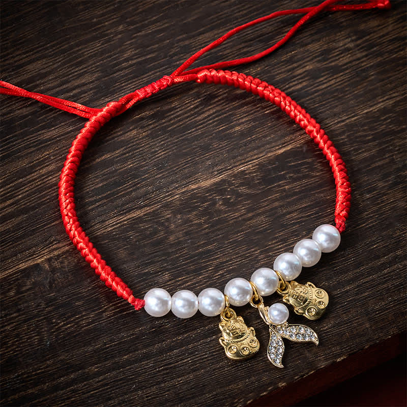 Buddha Stones Collar protector ajustable para gatos con forma de cola de pez, trenzado con perlas y de hilo rojo. - image 1