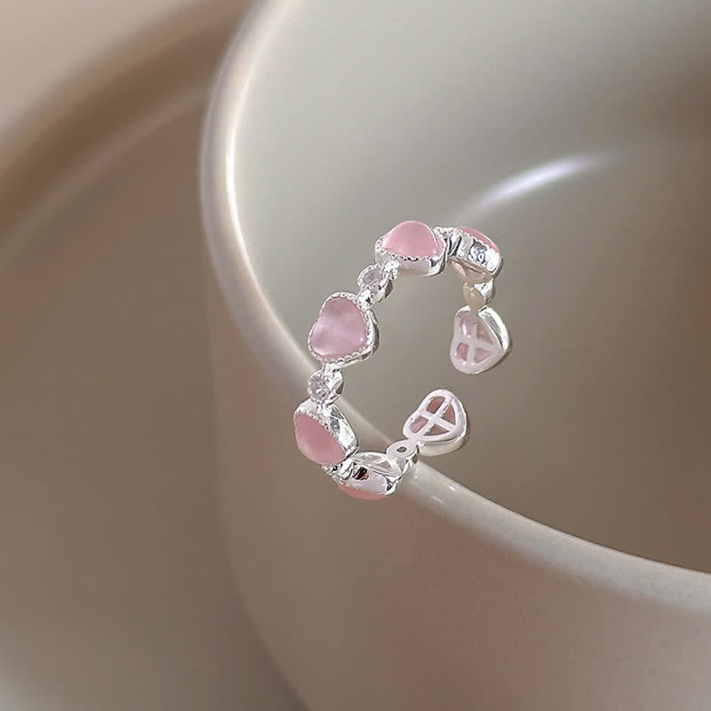Buddha Stones Anillo ajustable de plata de ley 925 con diseño de corazón y ojo de gato rosa. - image 2