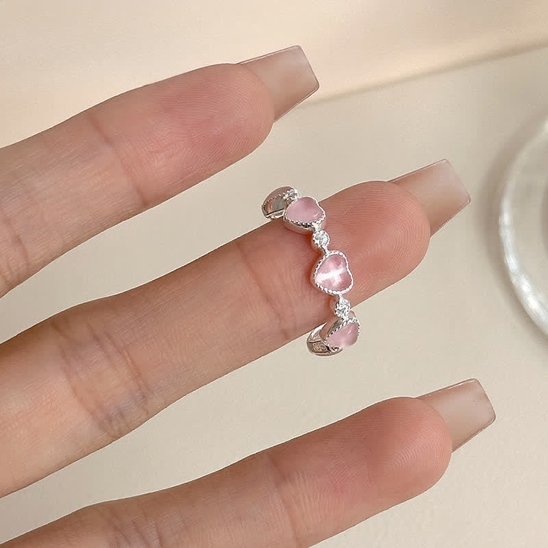 Buddha Stones Anillo ajustable de plata de ley 925 con diseño de corazón y ojo de gato rosa. - image 4