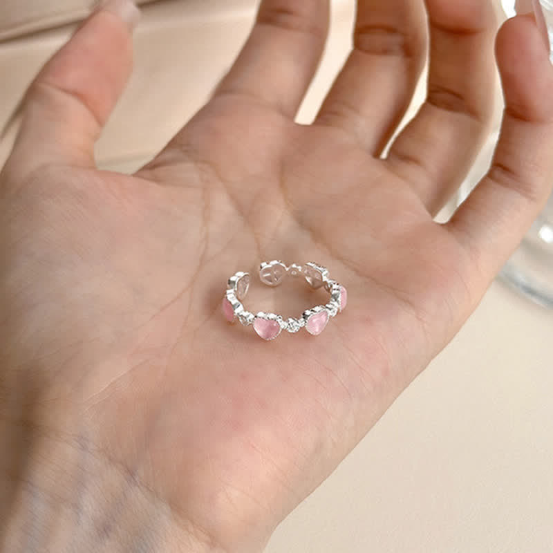 Buddha Stones Anillo ajustable de plata de ley 925 con diseño de corazón y ojo de gato rosa. - image 3