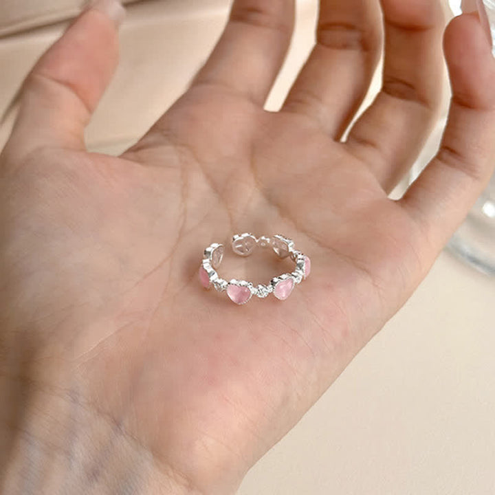Buddha Stones Anillo ajustable de plata de ley 925 con diseño de corazón y ojo de gato rosa. - image 3