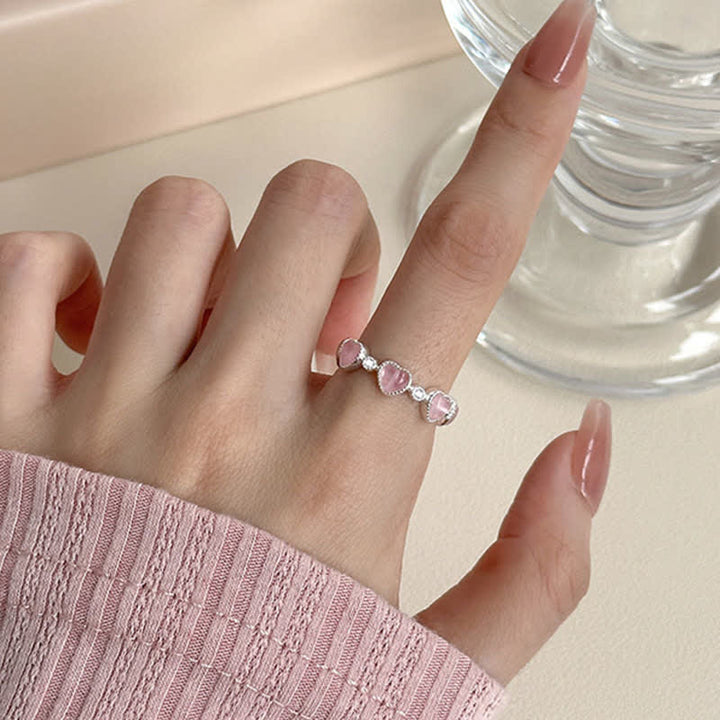 Buddha Stones Anillo ajustable de plata de ley 925 con diseño de corazón y ojo de gato rosa. - image 8