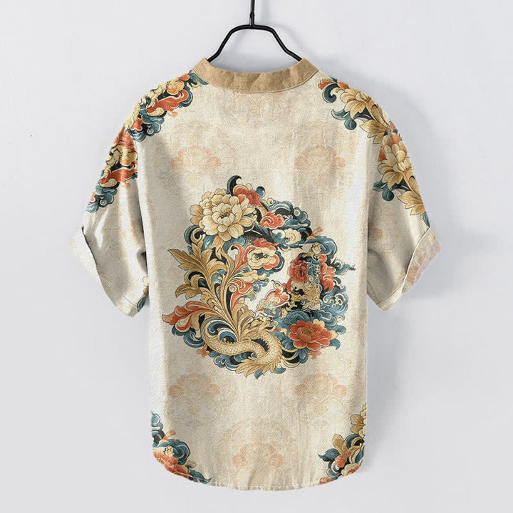 Buddha Stones Camisa de manga corta con medio botón para hombre, de algodón, con estampado de peonía oriental y fénix. - image 1
