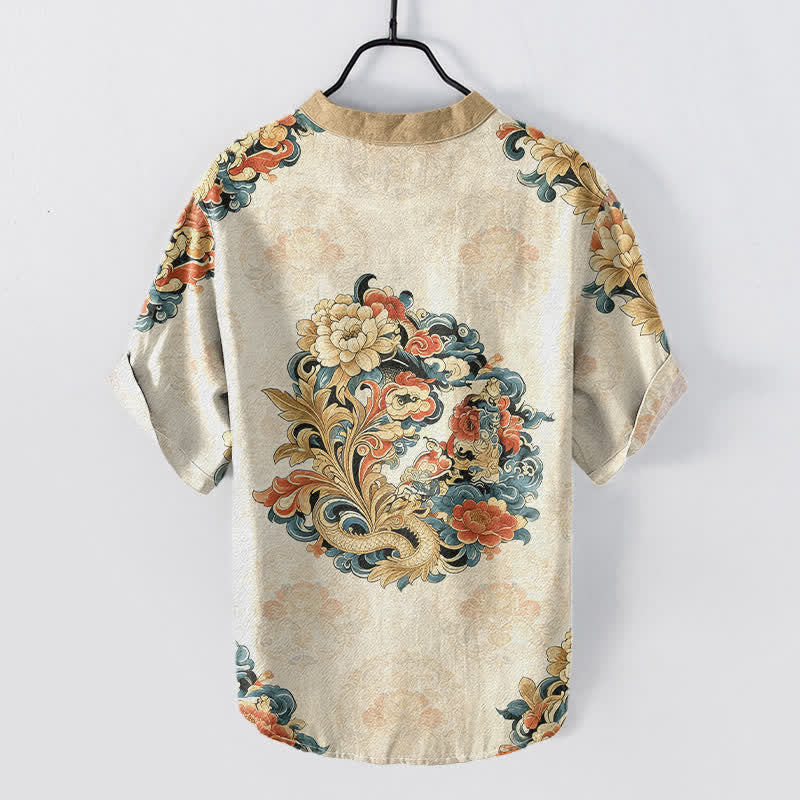 Buddha Stones Camisa de manga corta con medio botón para hombre, de algodón, con estampado de peonía oriental y fénix. - image 1