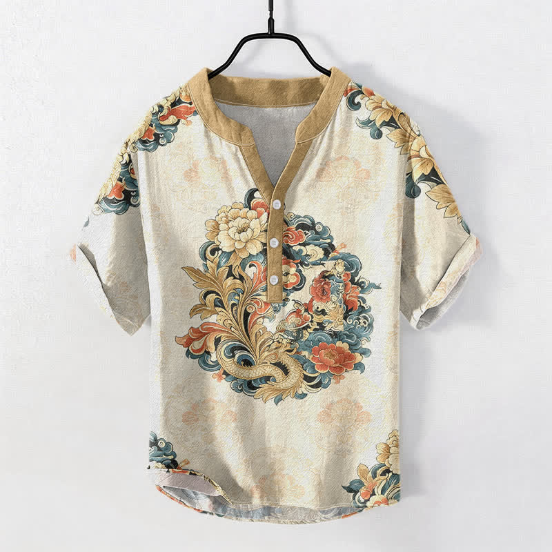 Buddha Stones Camisa de manga corta con medio botón para hombre, de algodón, con estampado de peonía oriental y fénix. - Beige - US/UK/AU50, EU60 (5XL) - image 0