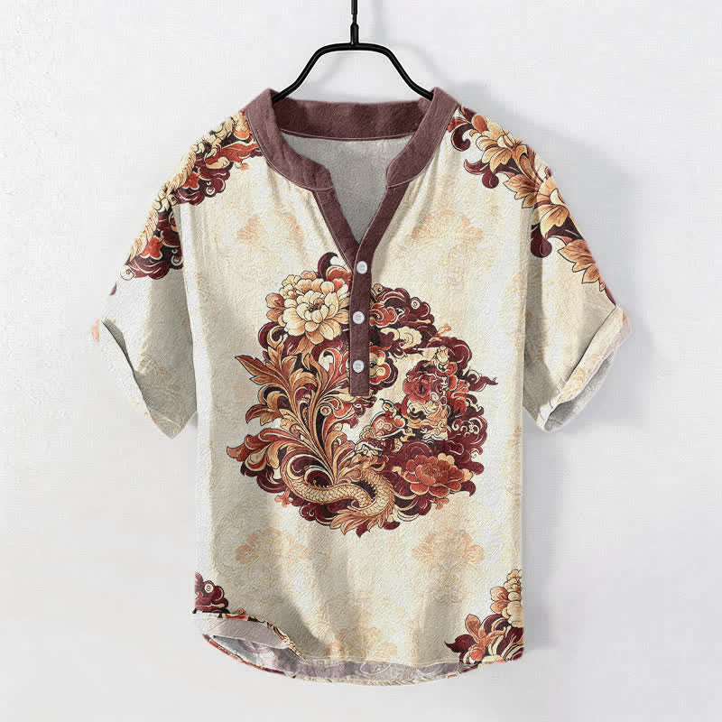 Buddha Stones Camisa de manga corta con medio botón para hombre, de algodón, con estampado de peonía oriental y fénix. - Marrón - US/UK/AU50, EU60 (5XL) - image 3
