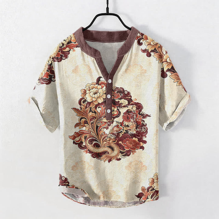 Buddha Stones Camisa de manga corta con medio botón para hombre, de algodón, con estampado de peonía oriental y fénix. - Marrón - US/UK/AU50, EU60 (5XL) - image 3