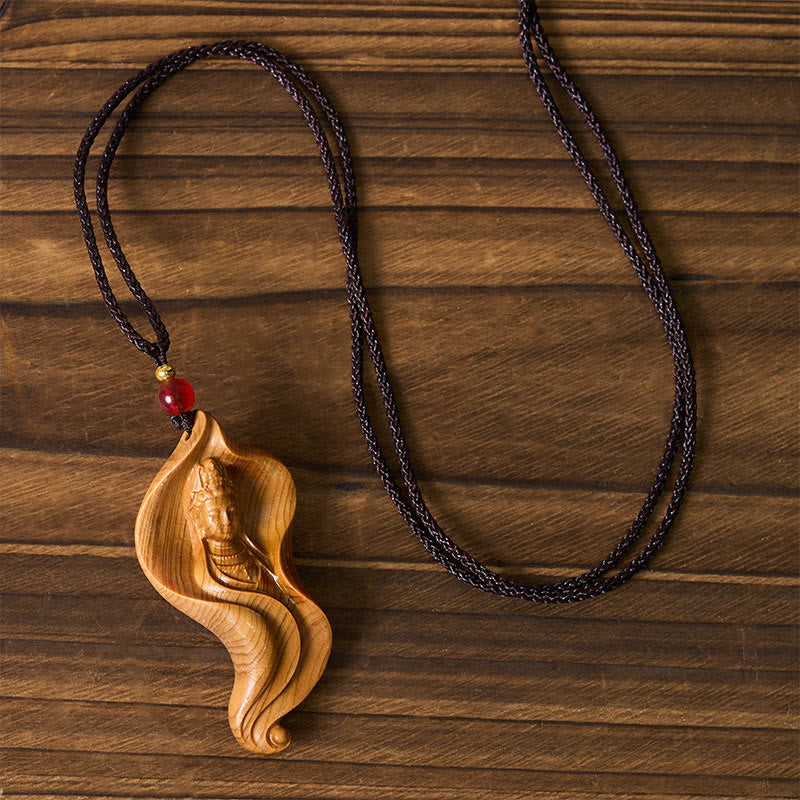 Buddha Stones Guanyin Kwan Yin Avalokiteśvara hoja de loto Platycladus Orientalis madera riqueza collar colgante - image 4