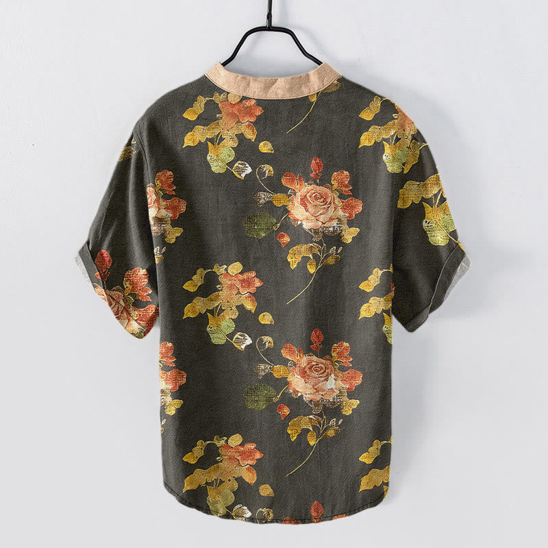 Buddha Stones Camisa de manga corta con medio botón para hombre, de algodón puro, con estampado vintage de jardín de rosas. - image 1