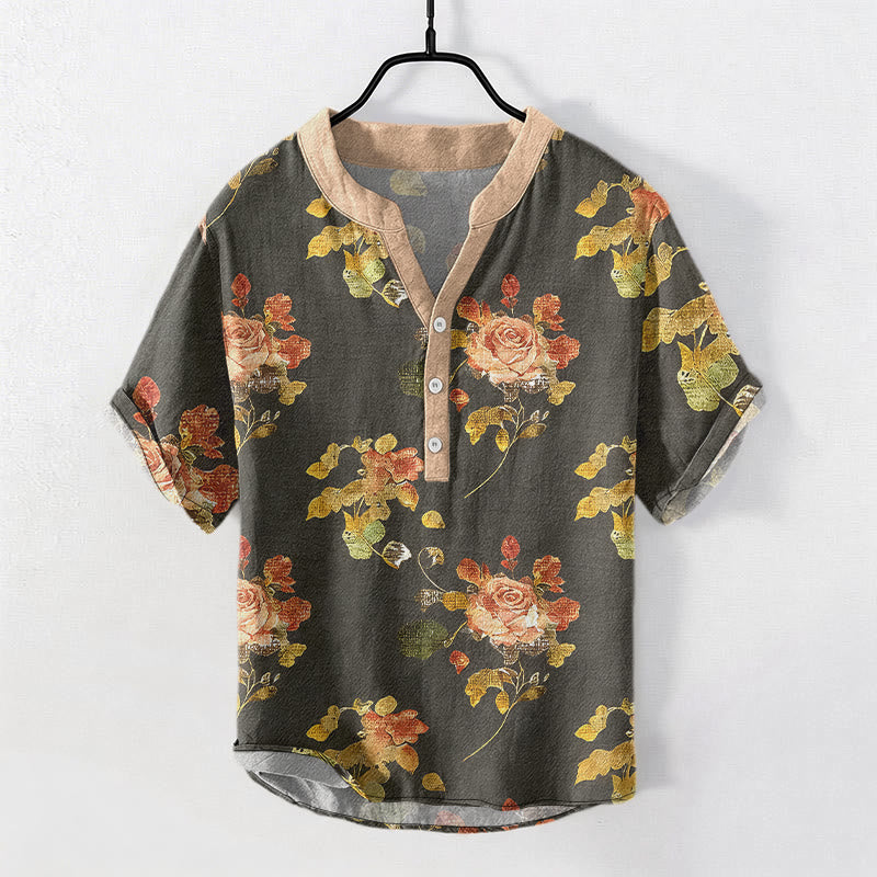 Buddha Stones Camisa de manga corta con medio botón para hombre, de algodón puro, con estampado vintage de jardín de rosas. - Gris - US/UK/AU50, EU60 (5XL) - image 0