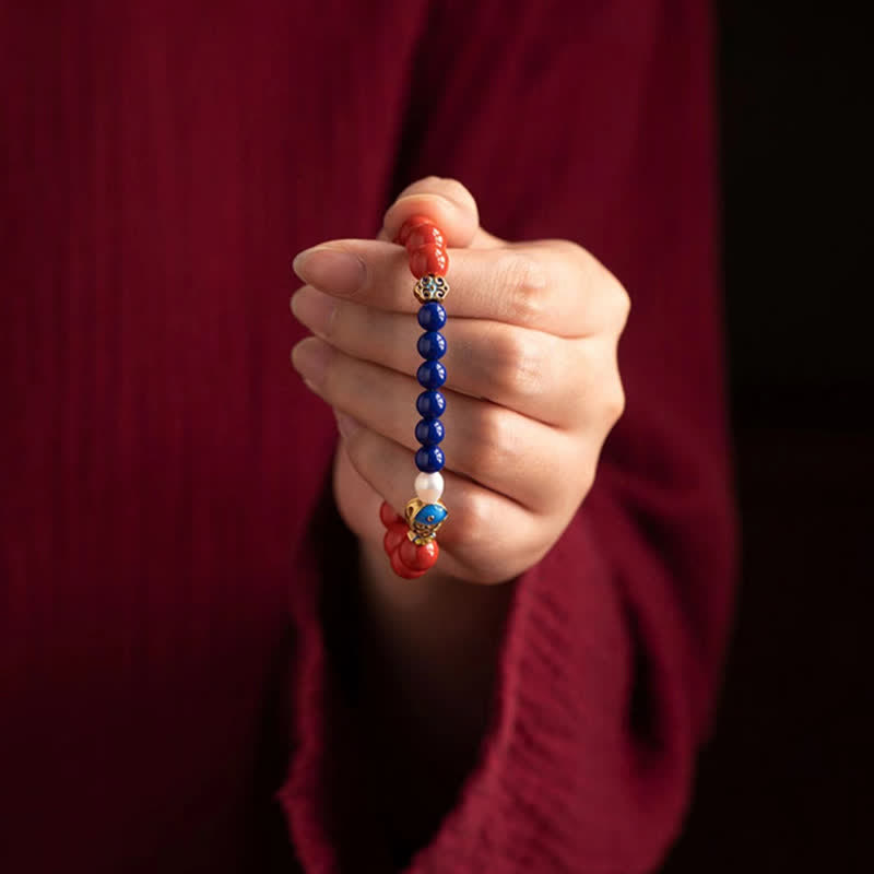 Buddha Stones Pulsera de cuentas con dije de nube Ruyi, pez koi y lapislázuli cinabrio - image 10