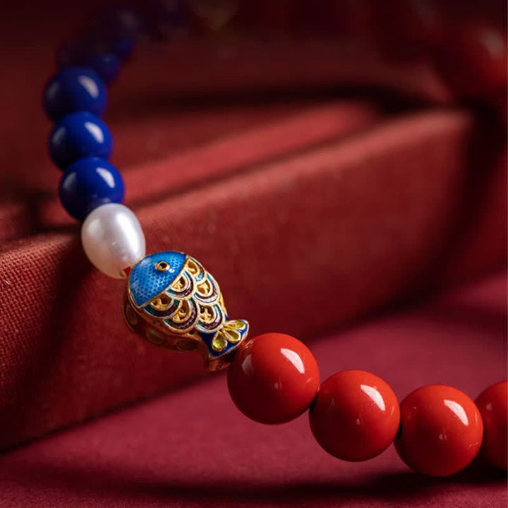 Buddha Stones Pulsera de cuentas con dije de nube Ruyi, pez koi y lapislázuli cinabrio - image 9