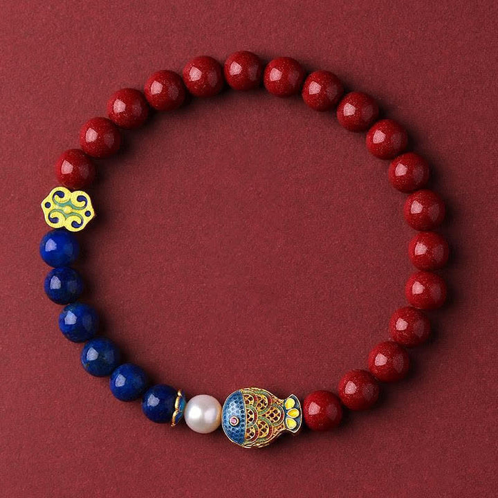 Buddha Stones Pulsera de cuentas con dije de nube Ruyi, pez koi y lapislázuli cinabrio - Cinabrio (circunferencia de la muñeca: 14-15 cm) - image 0