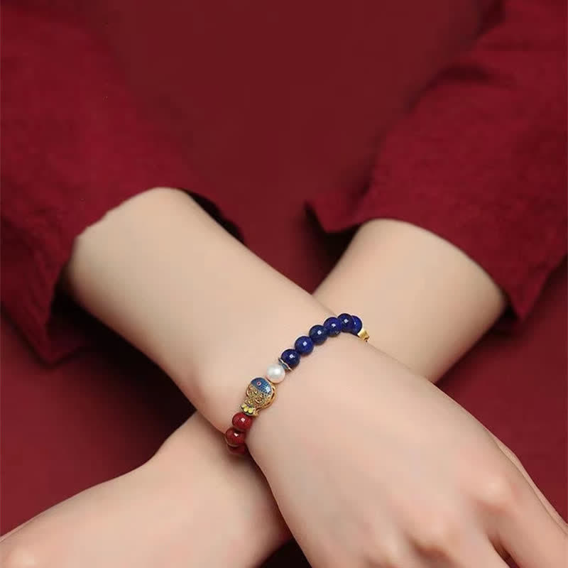Buddha Stones Pulsera de cuentas con dije de nube Ruyi, pez koi y lapislázuli cinabrio - image 3