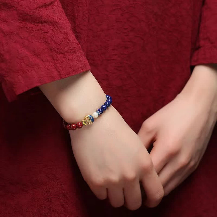 Buddha Stones Pulsera de cuentas con dije de nube Ruyi, pez koi y lapislázuli cinabrio - image 2