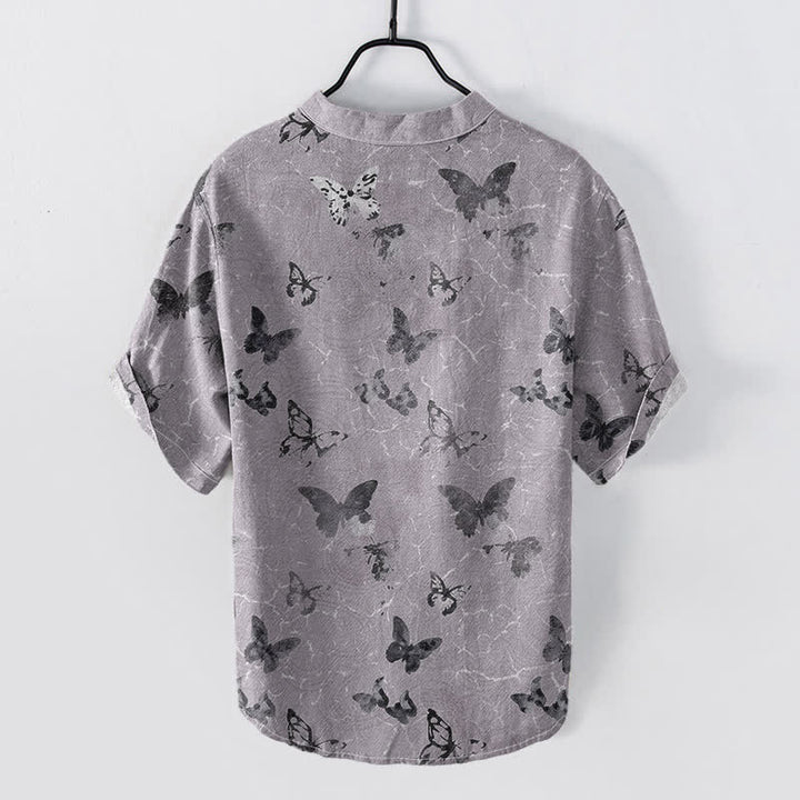 Buddha Stones Camisa de manga corta con medio botón y estampado de mariposas de algodón para hombre - image 1