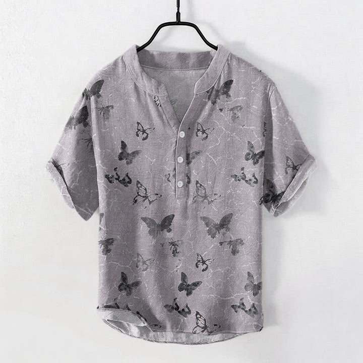 Buddha Stones Camisa de manga corta con medio botón y estampado de mariposas de algodón para hombre - Cardo - US/UK/AU50, EU60 (5XL) - image 0