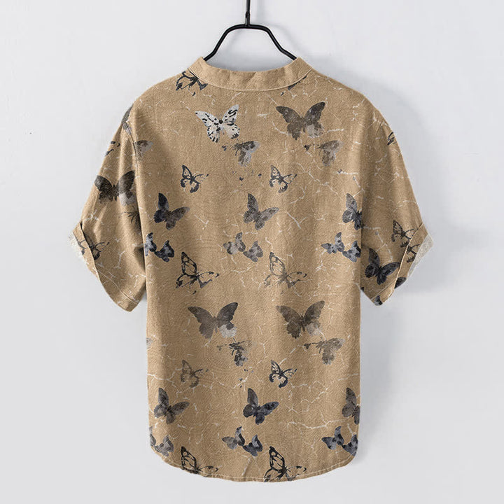 Buddha Stones Camisa de manga corta con medio botón y estampado de mariposas de algodón para hombre - image 6