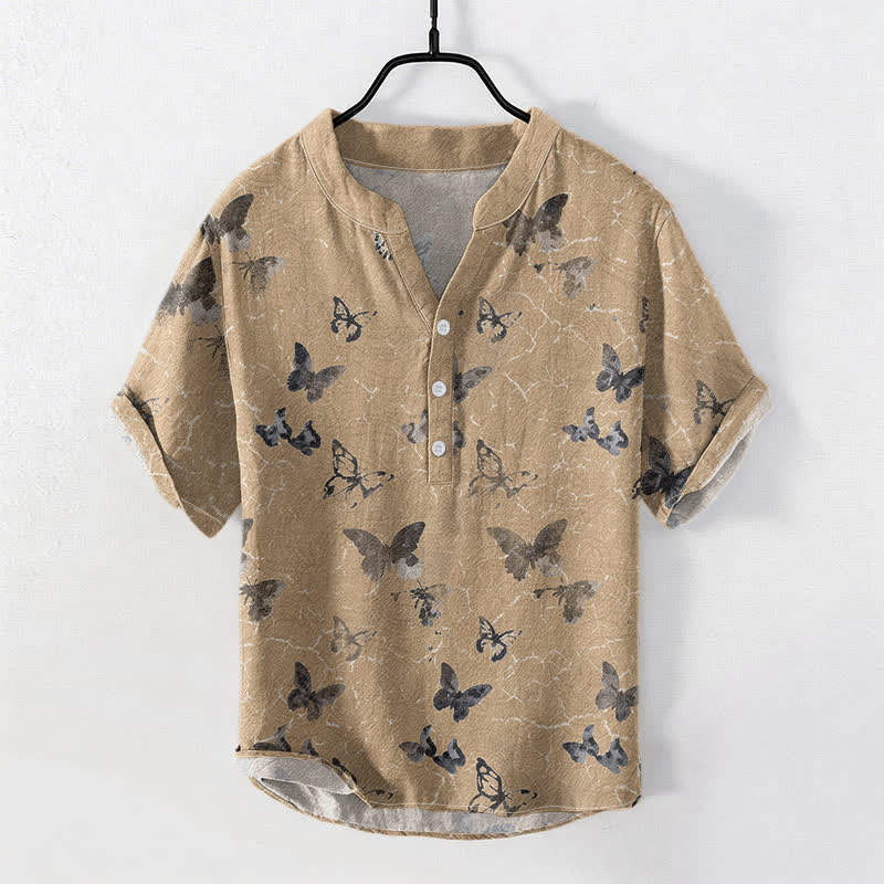Buddha Stones Camisa de manga corta con medio botón y estampado de mariposas de algodón para hombre - Broncearse - US/UK/AU50, EU60 (5XL) - image 5