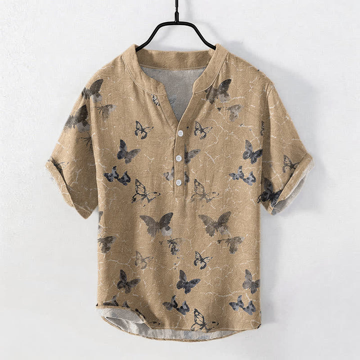 Buddha Stones Camisa de manga corta con medio botón y estampado de mariposas de algodón para hombre - Broncearse - US/UK/AU50, EU60 (5XL) - image 5
