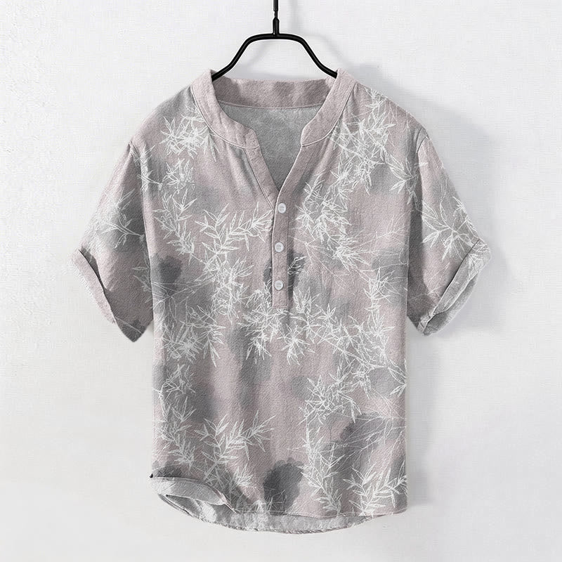 Buddha Stones Camisa de manga corta con medio botón y estampado de hojas de bambú de algodón para hombre - Gris claro - US/UK/AU50, EU60 (5XL) - image 0