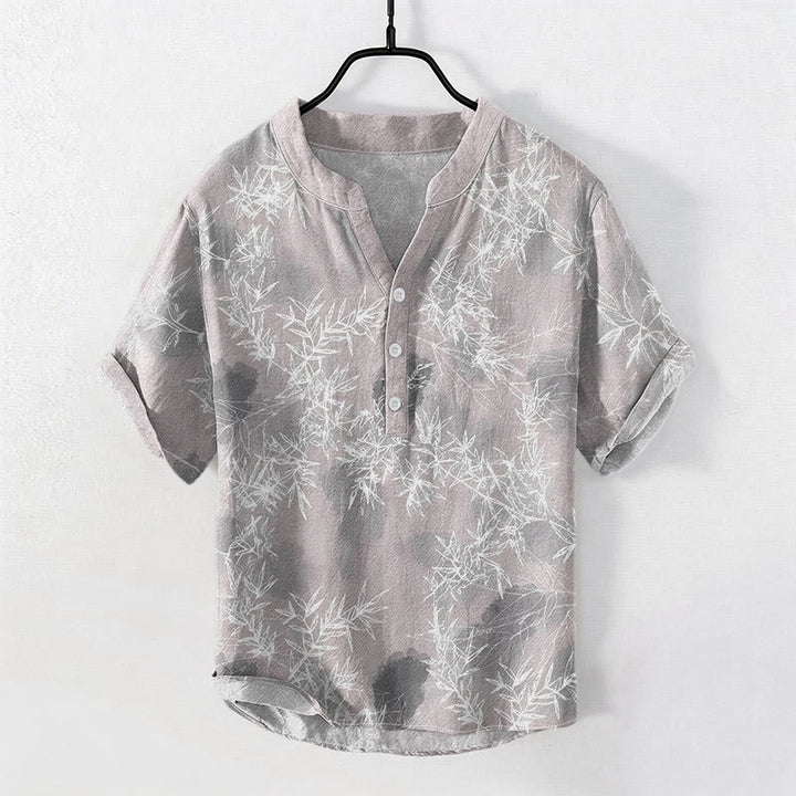 Buddha Stones Camisa de manga corta con medio botón y estampado de hojas de bambú de algodón para hombre - Gris claro - US/UK/AU50, EU60 (5XL) - image 0