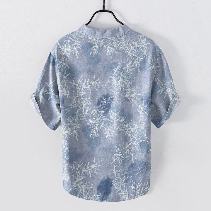 Buddha Stones Camisa de manga corta con medio botón y estampado de hojas de bambú de algodón para hombre - image 4
