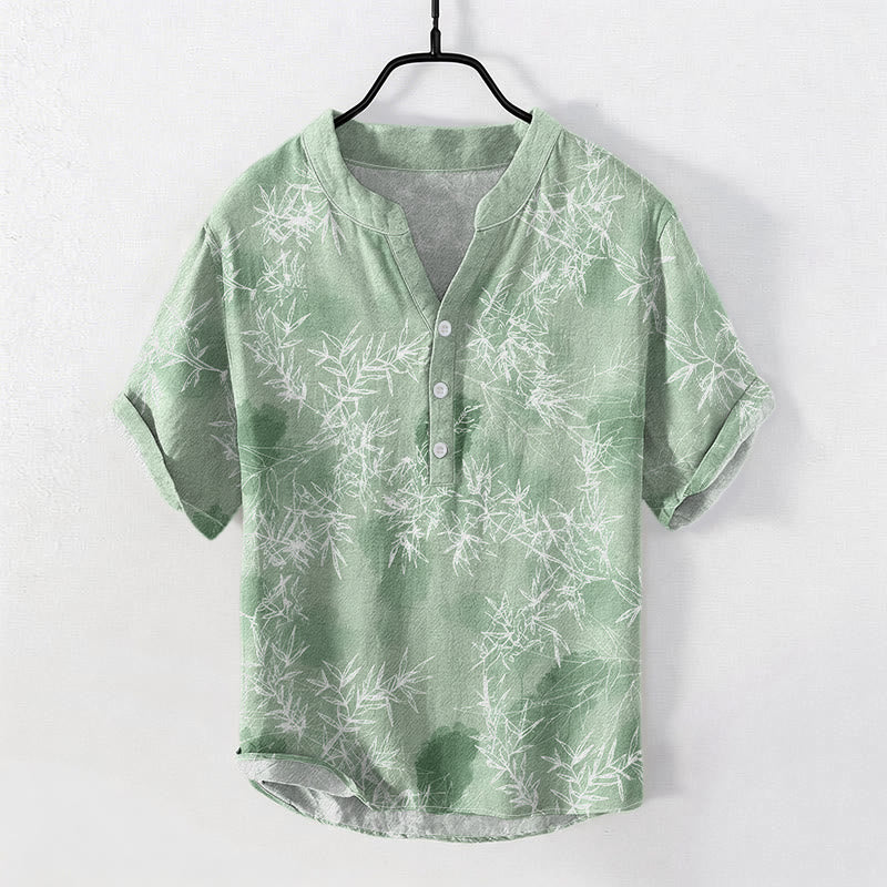 Buddha Stones Camisa de manga corta con medio botón y estampado de hojas de bambú de algodón para hombre - Verde claro - US/UK/AU50, EU60 (5XL) - image 5