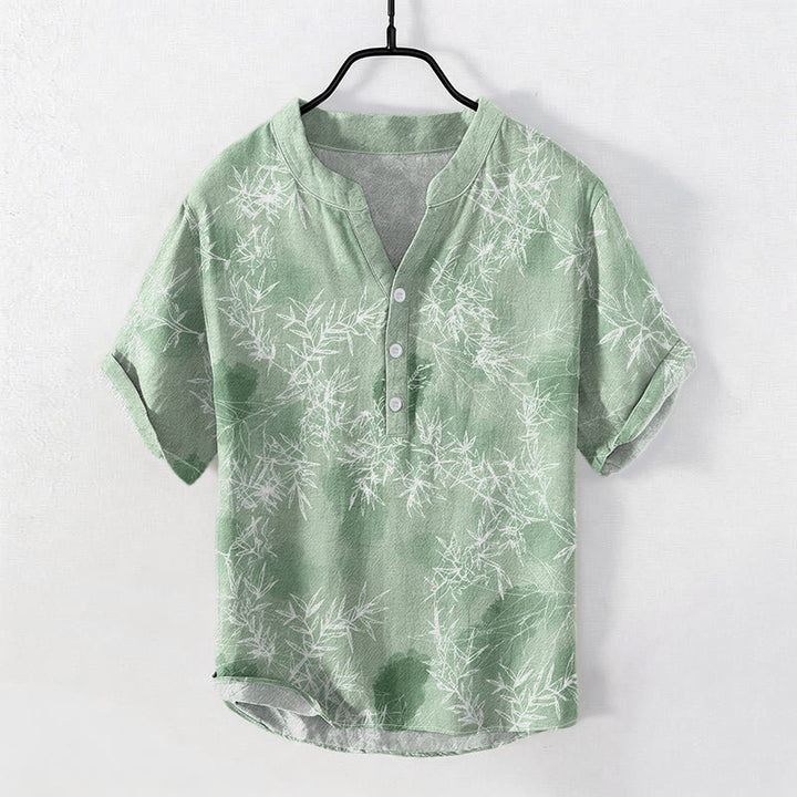 Buddha Stones Camisa de manga corta con medio botón y estampado de hojas de bambú de algodón para hombre - Verde claro - US/UK/AU50, EU60 (5XL) - image 5