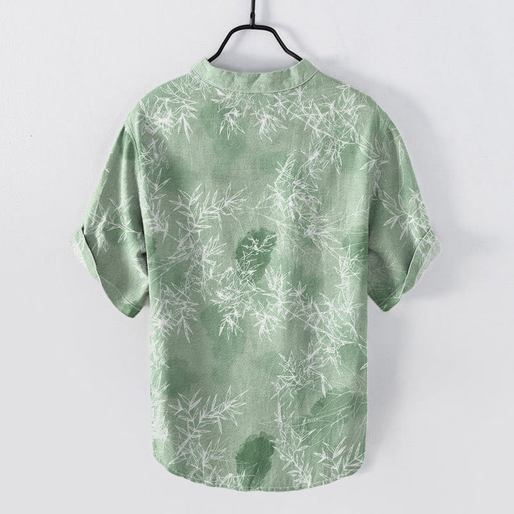 Buddha Stones Camisa de manga corta con medio botón y estampado de hojas de bambú de algodón para hombre - image 6