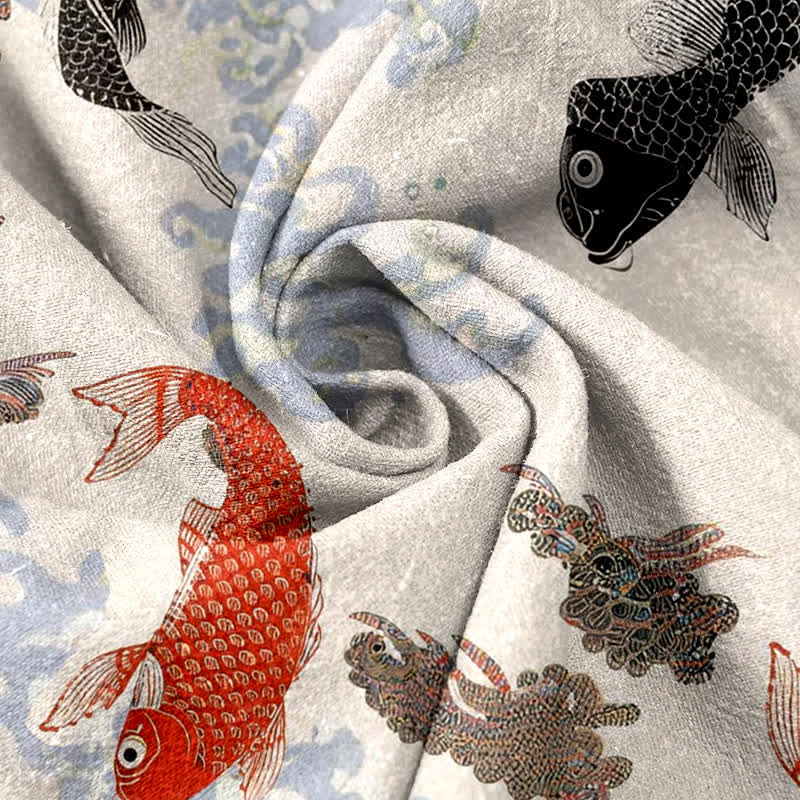 Buddha Stones Camisa de manga corta con medio botón para hombre, de algodón, con estampado de olas de agua y peces koi. - image 2