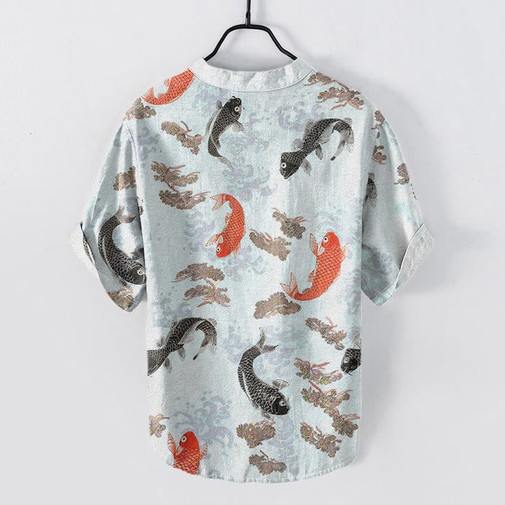 Buddha Stones Camisa de manga corta con medio botón para hombre, de algodón, con estampado de olas de agua y peces koi. - image 4