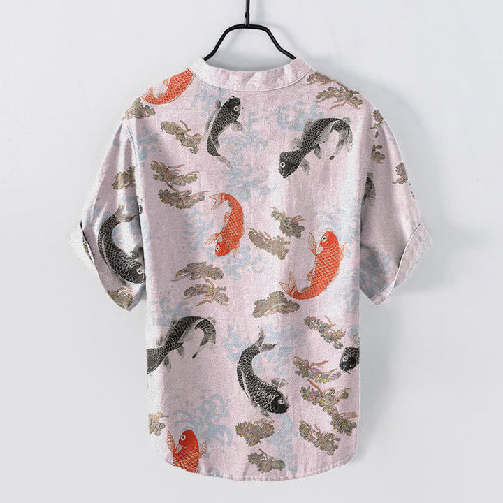 Buddha Stones Camisa de manga corta con medio botón para hombre, de algodón, con estampado de olas de agua y peces koi. - image 6