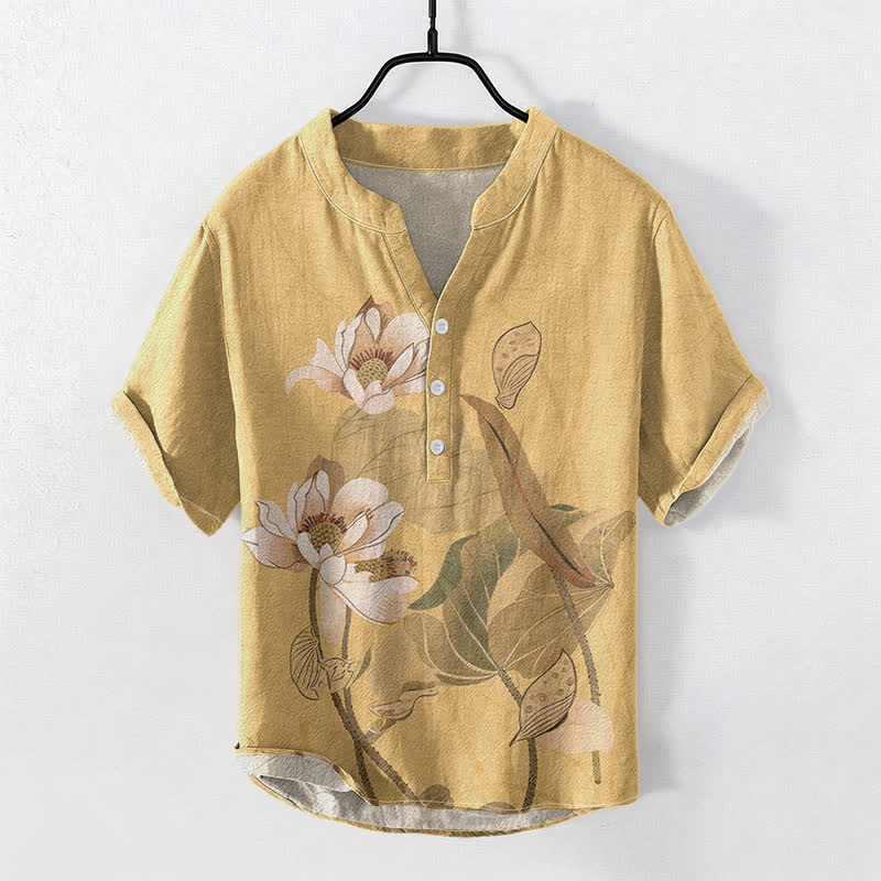 Buddha Stones Camisa de manga corta para hombre con estampado de loto pintado a mano, de algodón y medio botón. - Trigo - US/UK/AU50, EU60 (5XL) - image 0