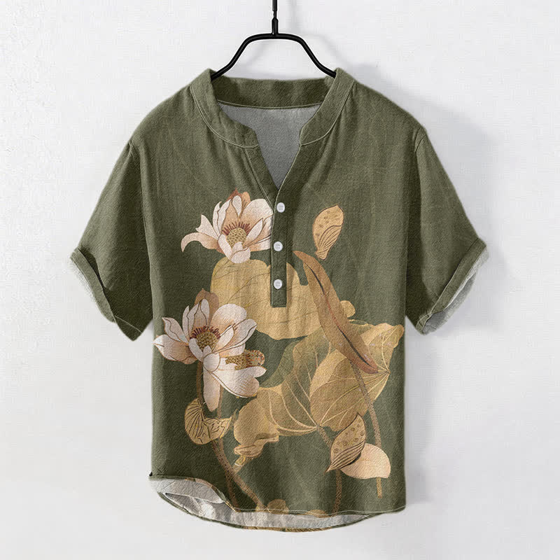 Buddha Stones Camisa de manga corta para hombre con estampado de loto pintado a mano, de algodón y medio botón. - Verde oliva oscuro - US/UK/AU50, EU60 (5XL) - image 3