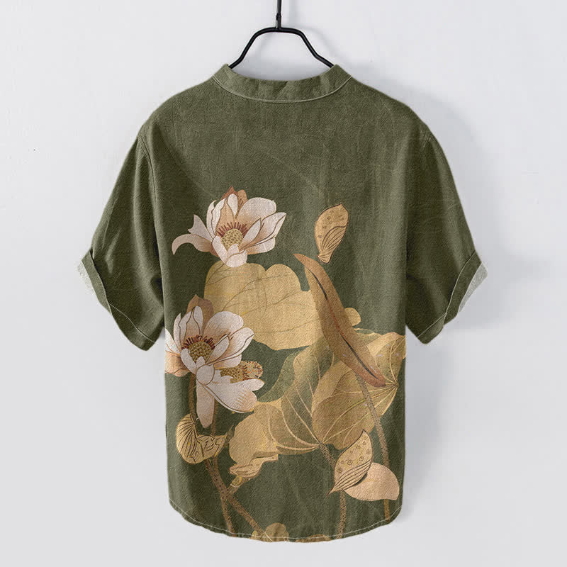 Buddha Stones Camisa de manga corta para hombre con estampado de loto pintado a mano, de algodón y medio botón. - image 4