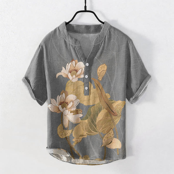Buddha Stones Camisa de manga corta para hombre con estampado de loto pintado a mano, de algodón y medio botón. - Gris - US/UK/AU50, EU60 (5XL) - image 5