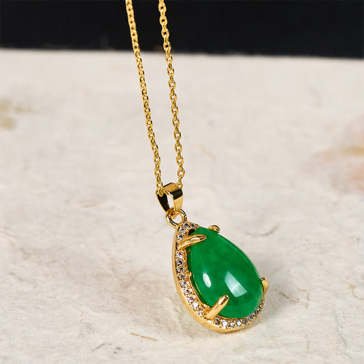 Buddha Stones Cadena de plata de ley 925, colgante retro de cobre con ágata verde en forma de lágrima, símbolo de buena suerte y riqueza. - image 1