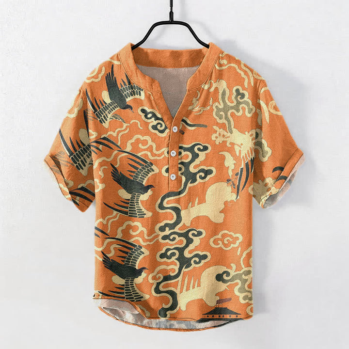 Buddha Stones Camisa de manga corta con medio botón para hombre, de algodón, con estampado de grullas y nubes. - Naranja oscuro - US/UK/AU50, EU60 (5XL) - image 0