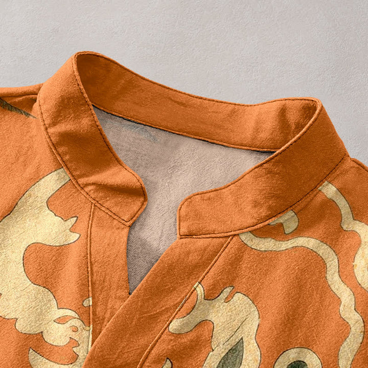 Buddha Stones Camisa de manga corta con medio botón para hombre, de algodón, con estampado de grullas y nubes. - image 2