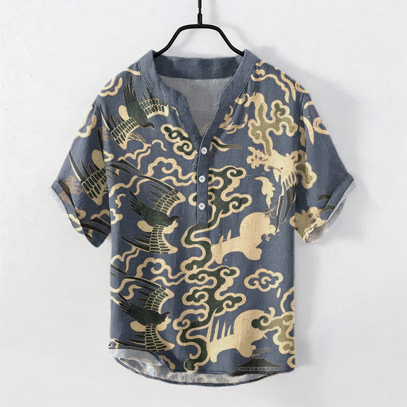 Buddha Stones Camisa de manga corta con medio botón para hombre, de algodón, con estampado de grullas y nubes. - Gris pizarra - US/UK/AU50, EU60 (5XL) - image 5