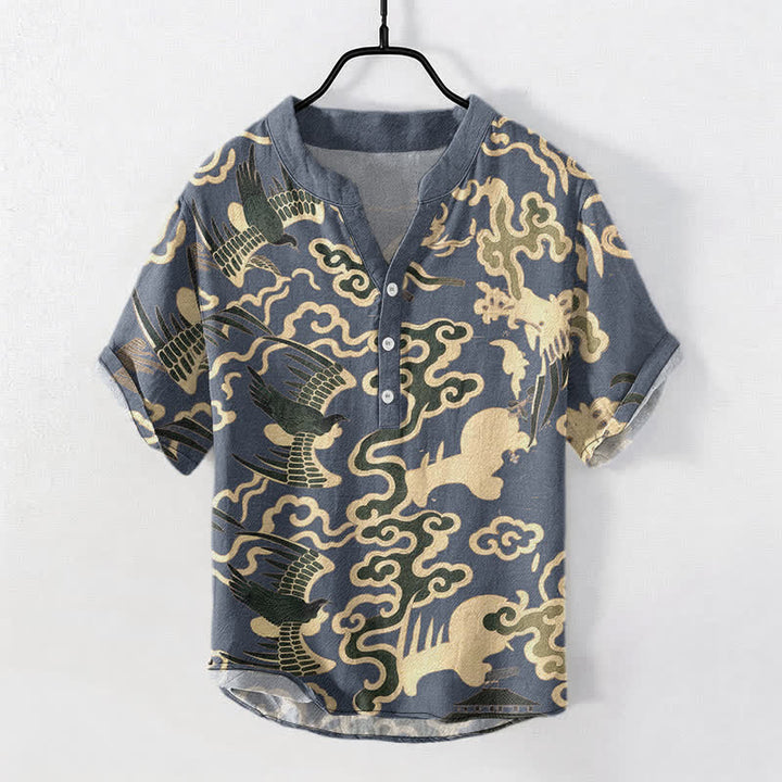 Buddha Stones Camisa de manga corta con medio botón para hombre, de algodón, con estampado de grullas y nubes. - Gris pizarra - US/UK/AU50, EU60 (5XL) - image 5