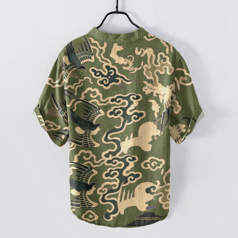 Buddha Stones Camisa de manga corta con medio botón para hombre, de algodón, con estampado de grullas y nubes. - image 8