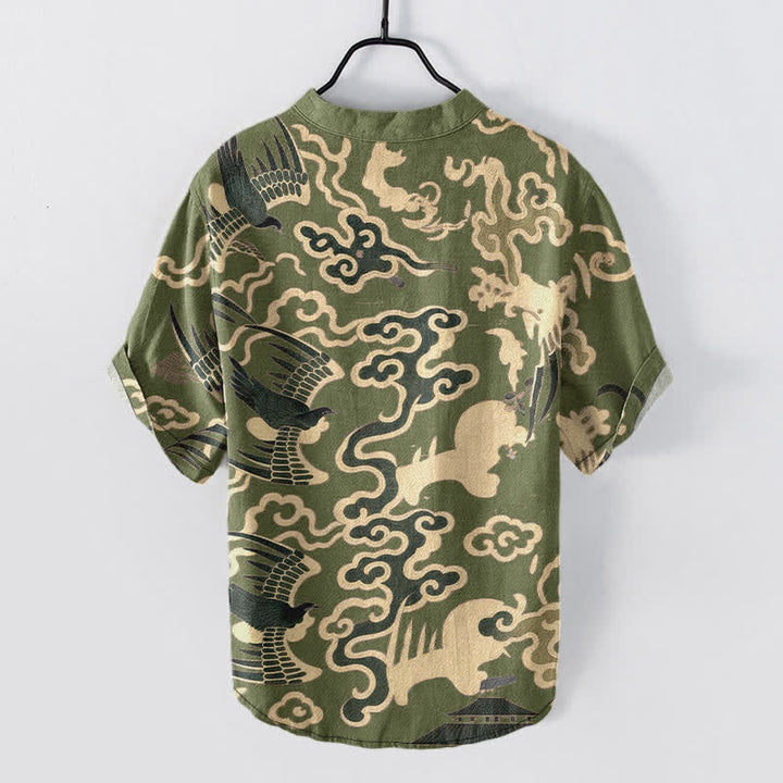 Buddha Stones Camisa de manga corta con medio botón para hombre, de algodón, con estampado de grullas y nubes. - image 8