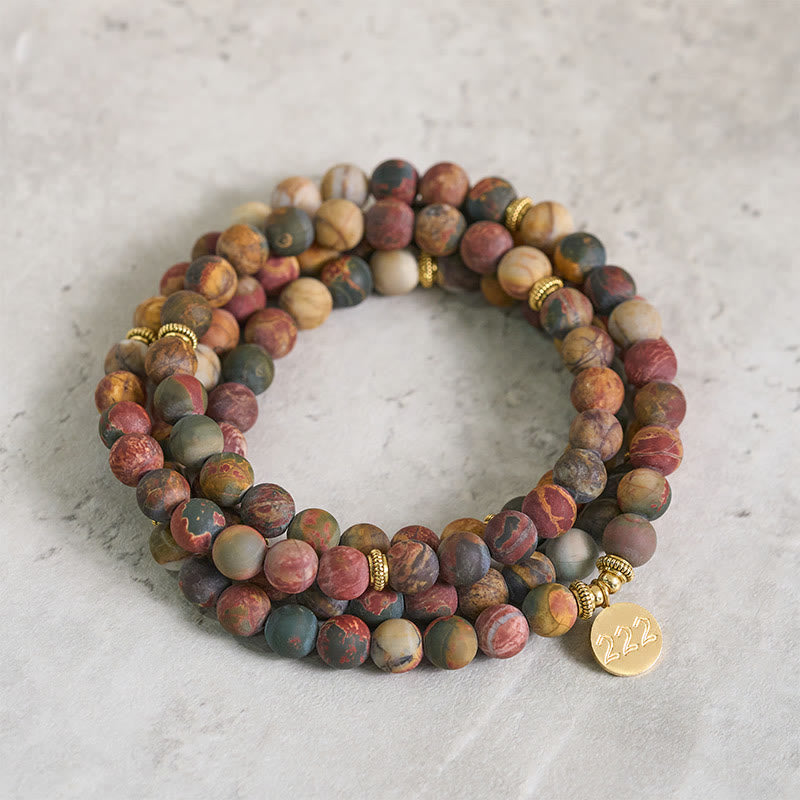 Buddha Stones Mala de cuentas de jaspe Picasso con número angelical 222 y número 108. - 222 - image 0