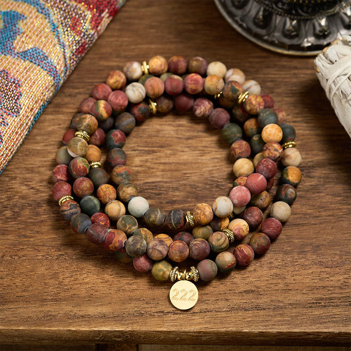 Buddha Stones Mala de cuentas de jaspe Picasso con número angelical 222 y número 108. - image 3